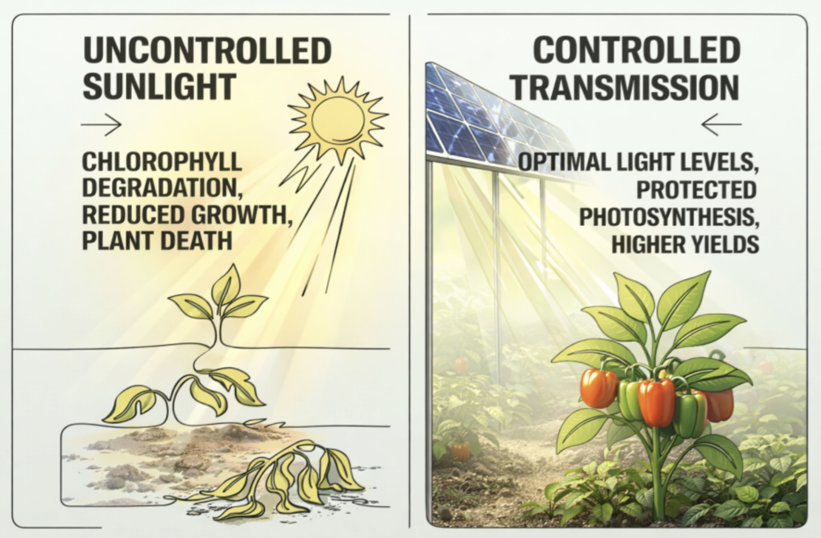 Infographic comparing uncontrolled sunlight (chlorophyll stress and crop loss) with controlled transmission under agrivoltaics (optimal light, protected photosynthesis, higher yields).
