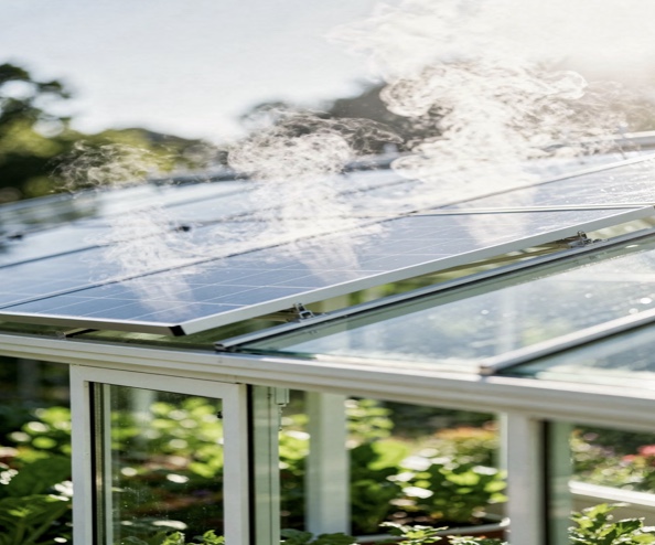 Solar panels on a greenhouse roof being cooled by water spray from the irrigation system