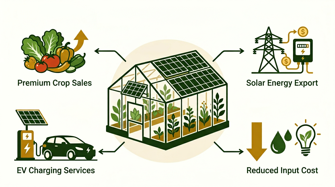 Infographic showing four income streams from an agrivoltaic greenhouse: premium crop sales, solar energy export, EV charging services, and reduced input costs