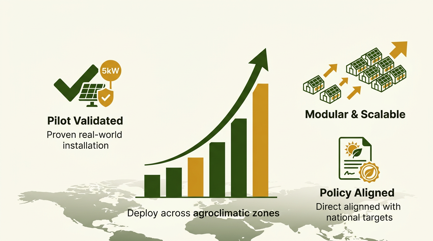 Infographic showing investment growth potential: pilot validated 5kW installation, modular and scalable deployment, and policy aligned with national renewable energy targets