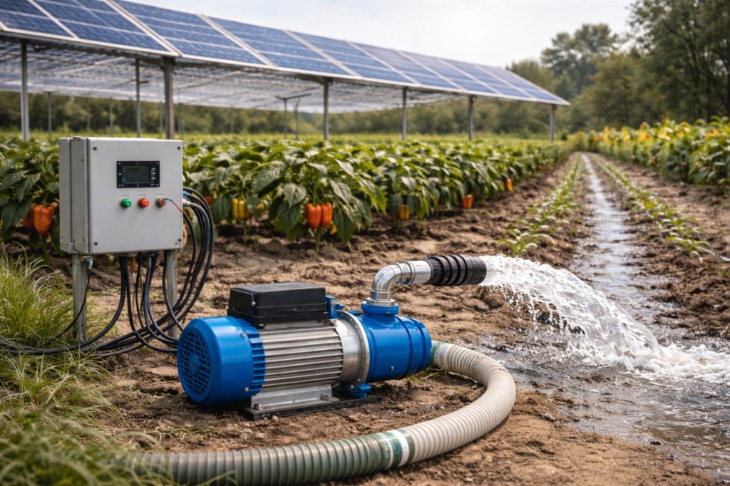 Solar panels above crop rows with a solar-powered irrigation pump feeding water into a field trench