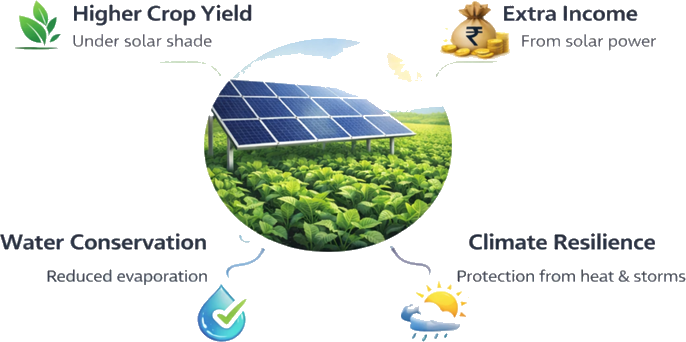 Infographic: higher crop yield under solar shade, extra income from solar power, water conservation, and climate resilience.