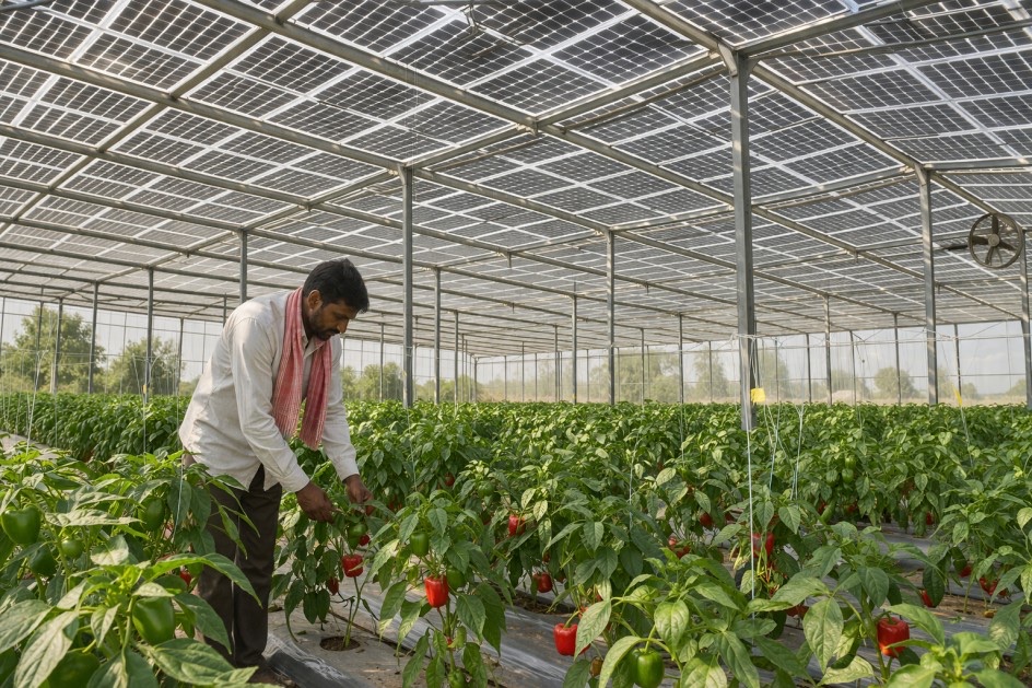 Farmer tending bell pepper rows beneath an elevated solar panel canopy